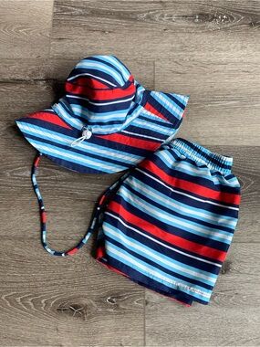 Striped Blue & Red Kids Sun Hat and Swim Shorts Set Size 2-3T